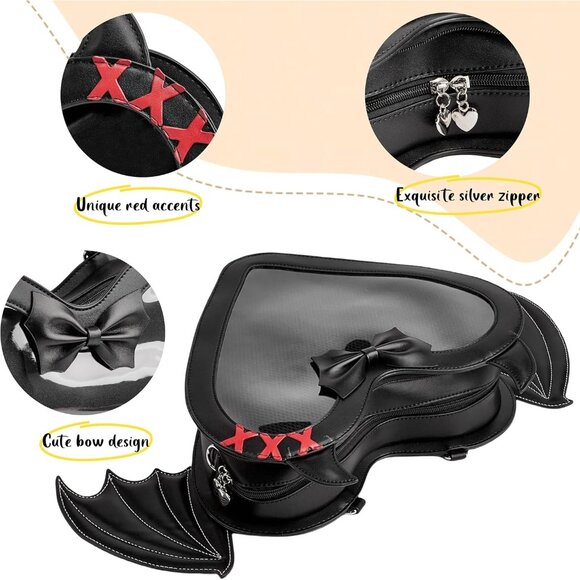 Gothic Heart Shaped Ita Bag with Bat Wings Backpack and Crossbody Purse - Picture 7 of 9